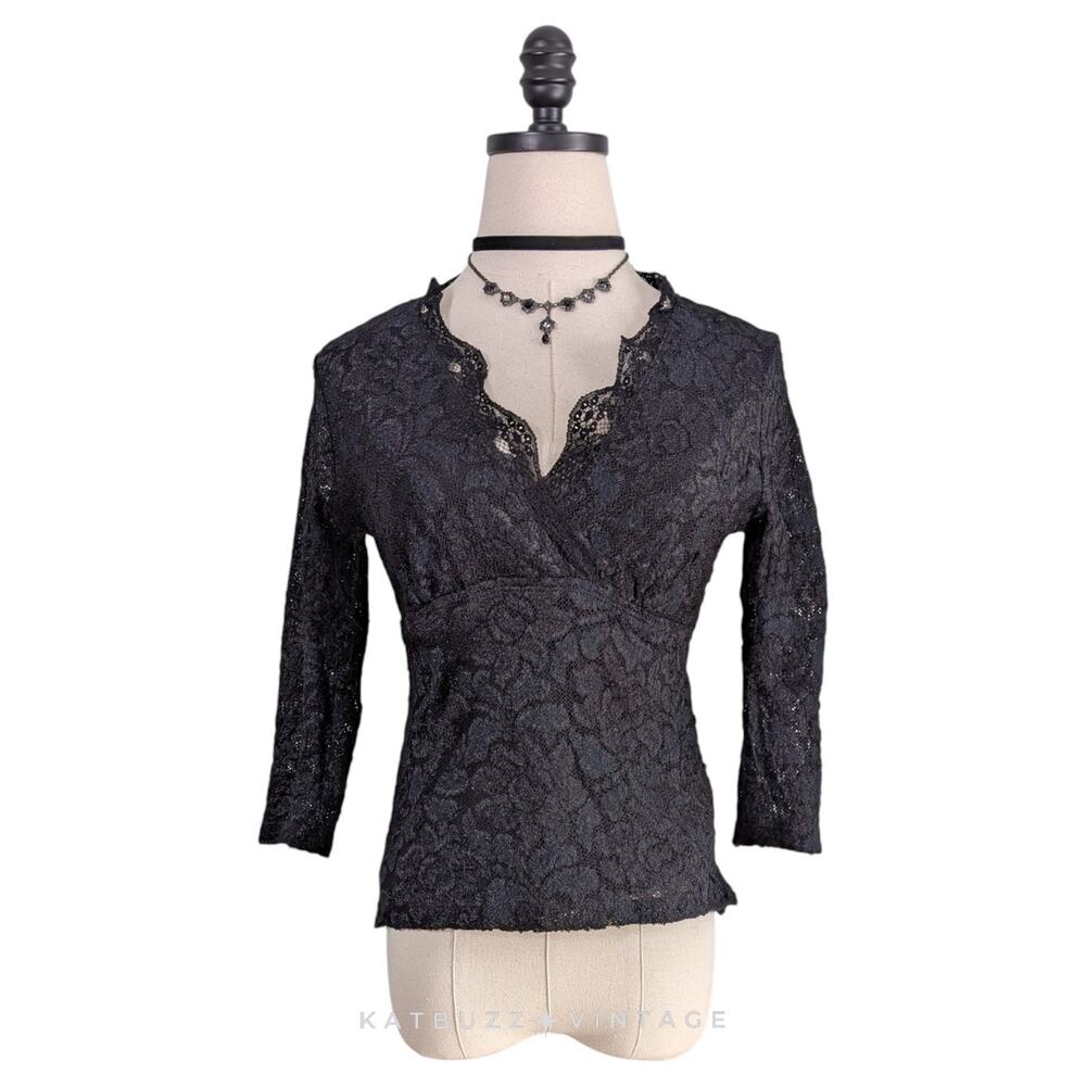 Y2K Babydoll Top M Black Lace Vintage Goth Whimsigoth Sleeves Romantic Dark Glam